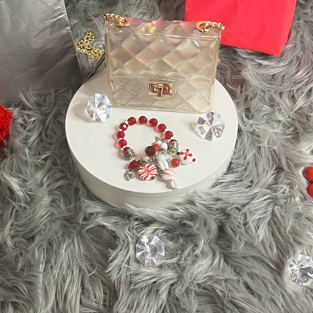 Very cute and Small clear quilted bag with a twist lock gold chain